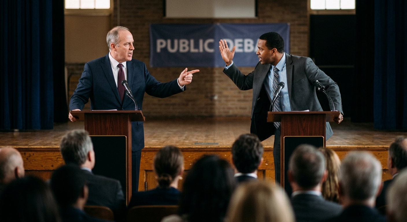 two politicians in business suits standing at wooden podiums on a modest auditorium stage, gesturing while engaged in a tense debate, with an out-of-focus audie