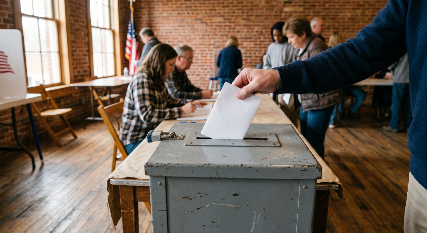 a person's hand sliding a blank paper ballot into a secure gray metal ballot box at a local polling station inside a community center with wooden floors and a b