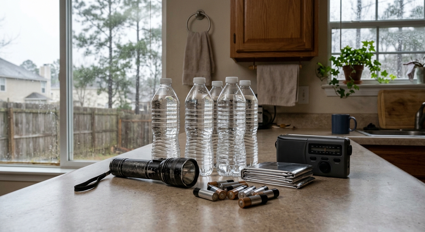 a collection of emergency storm preparation supplies, including a standard flashlight, loose batteries, and clear bottles of water, resting on a kitchen counter