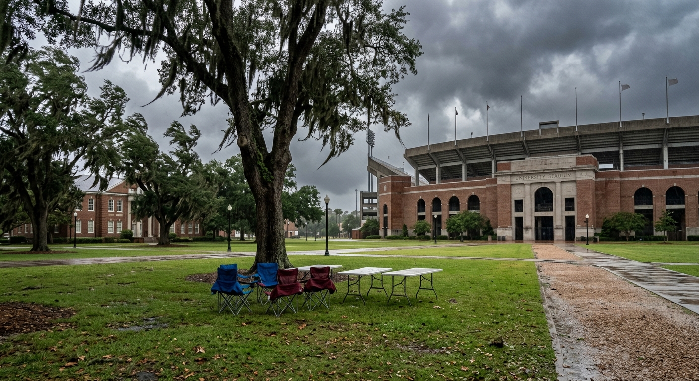 an empty grassy campus quad on a Southern university campus under dark overcast and stormy skies, with a few folded tailgating chairs and bare folding tables si