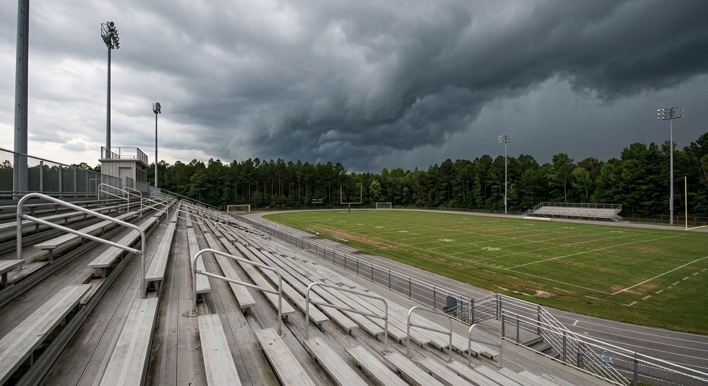 an empty high school football stadium with metal bleachers and tall unlit light poles under heavy, dark grey storm clouds approaching over distant pine trees, n