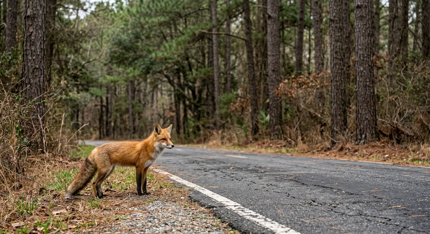 a wild fox standing cautiously near the edge of a rural two-lane asphalt road, surrounded by tall pine trees, scrub oak, and dry brush typical of the Southeaste