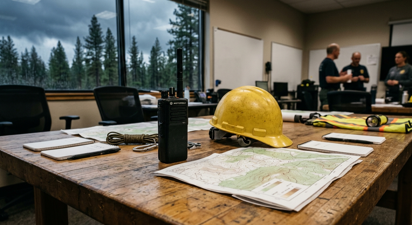 a wooden briefing table in a local emergency operations center, featuring a black two-way radio, a yellow hard hat, and blank topographic maps, with a window in