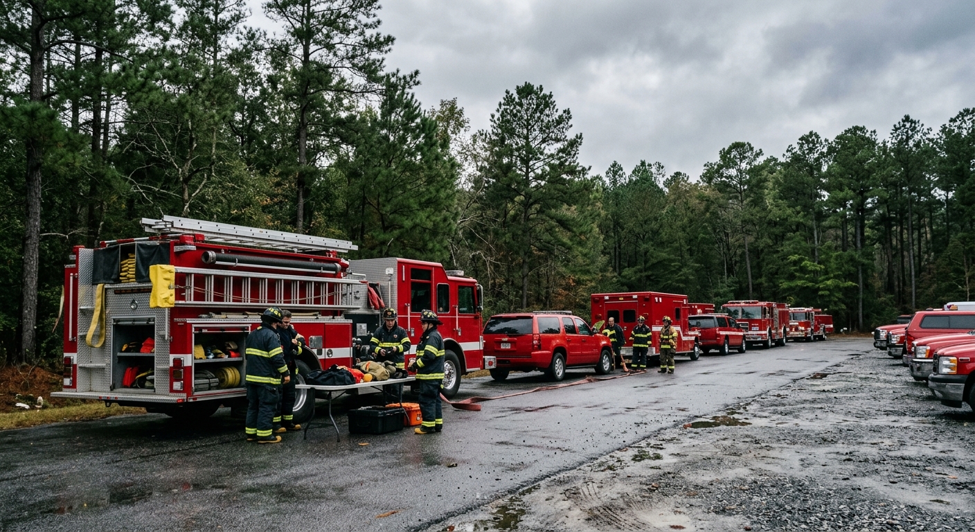a row of red fire engines and emergency command vehicles parked in a large staging area under a heavily overcast sky, surrounded by tall pine trees and wet asph