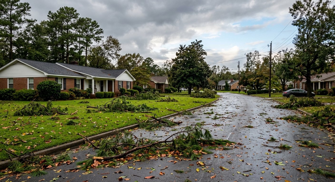 fallen pine branches and scattered leaves across a suburban street and green lawn after a passing storm in the American South, overcast but clearing skies overh