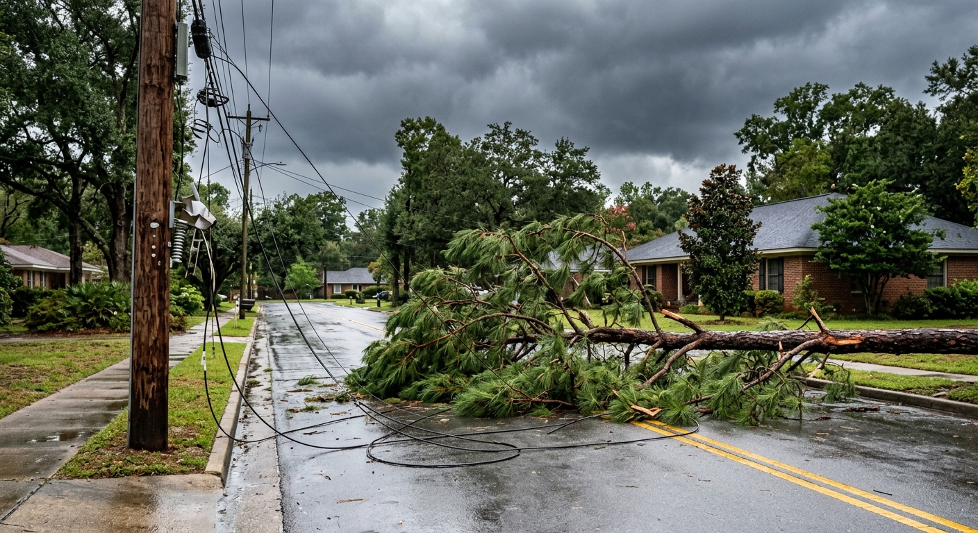 a large broken pine tree branch lying across a wet suburban street next to a wooden utility pole with detached power lines, set against a dark overcast sky in a