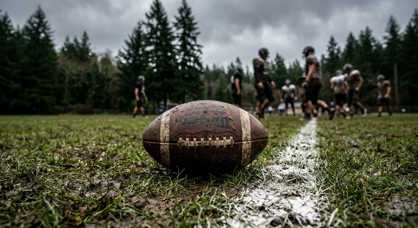 a worn leather American football resting on wet muddy grass near a white sideline, with blurred figures in generic football uniforms and tall pine trees in the