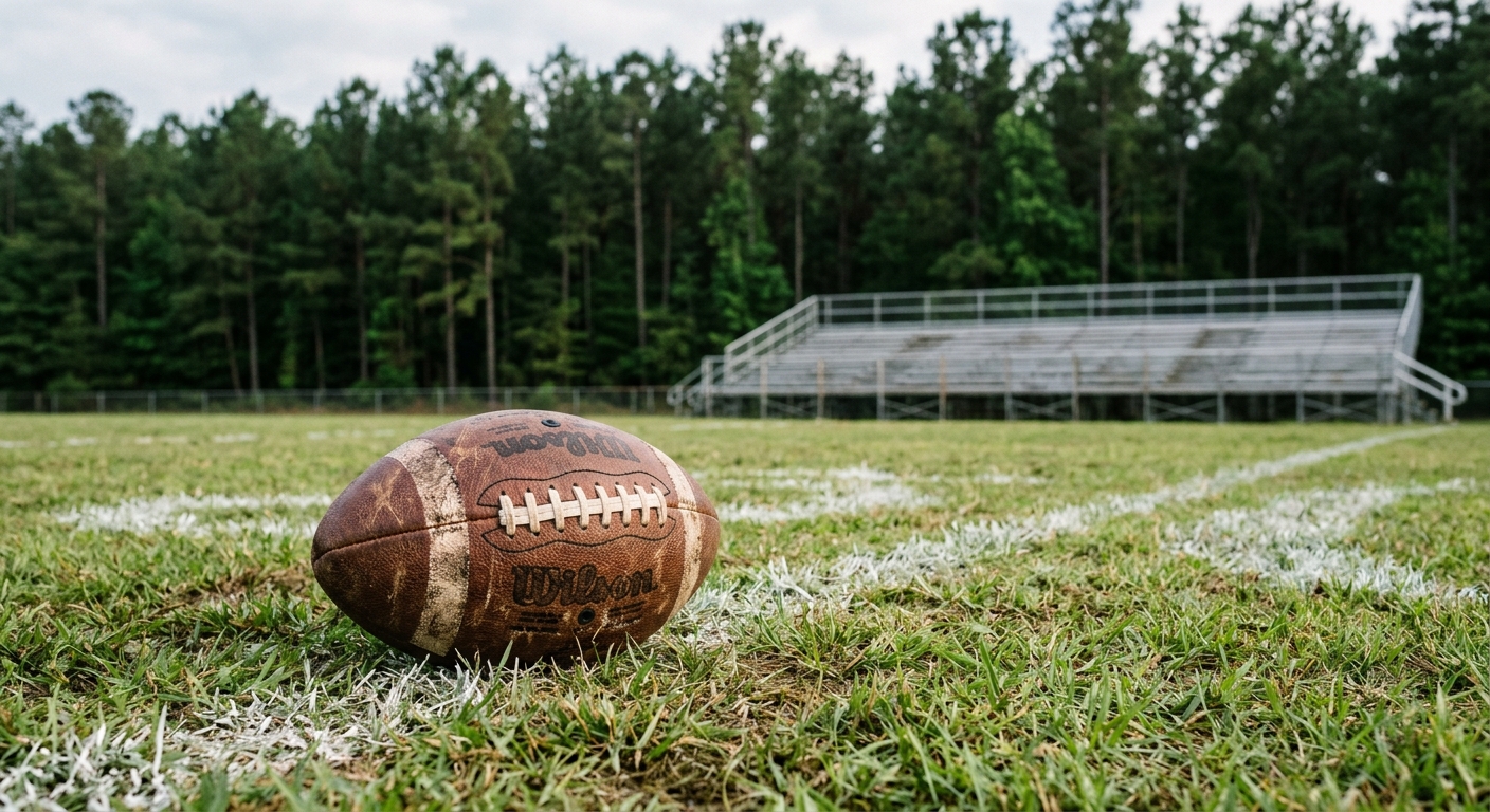 a scuffed leather American football resting on a grassy high school athletic field with faded white chalk lines, a backdrop of tall southern pine trees and a se