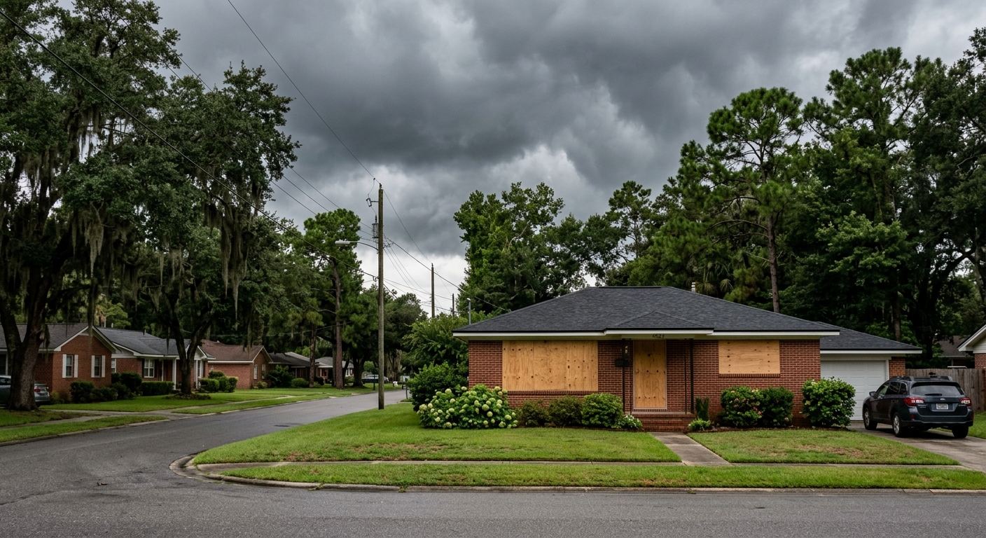 a residential suburban street lined with pine and oak trees under dark, heavy grey storm clouds, showing a typical brick house with its front windows covered by
