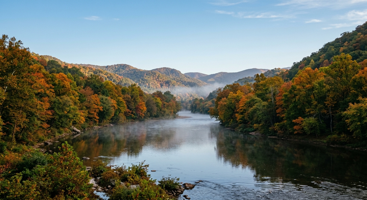 a calm river valley in the southeastern United States, with morning mist hovering over the water, lined with trees showing early signs of autumn foliage beneath