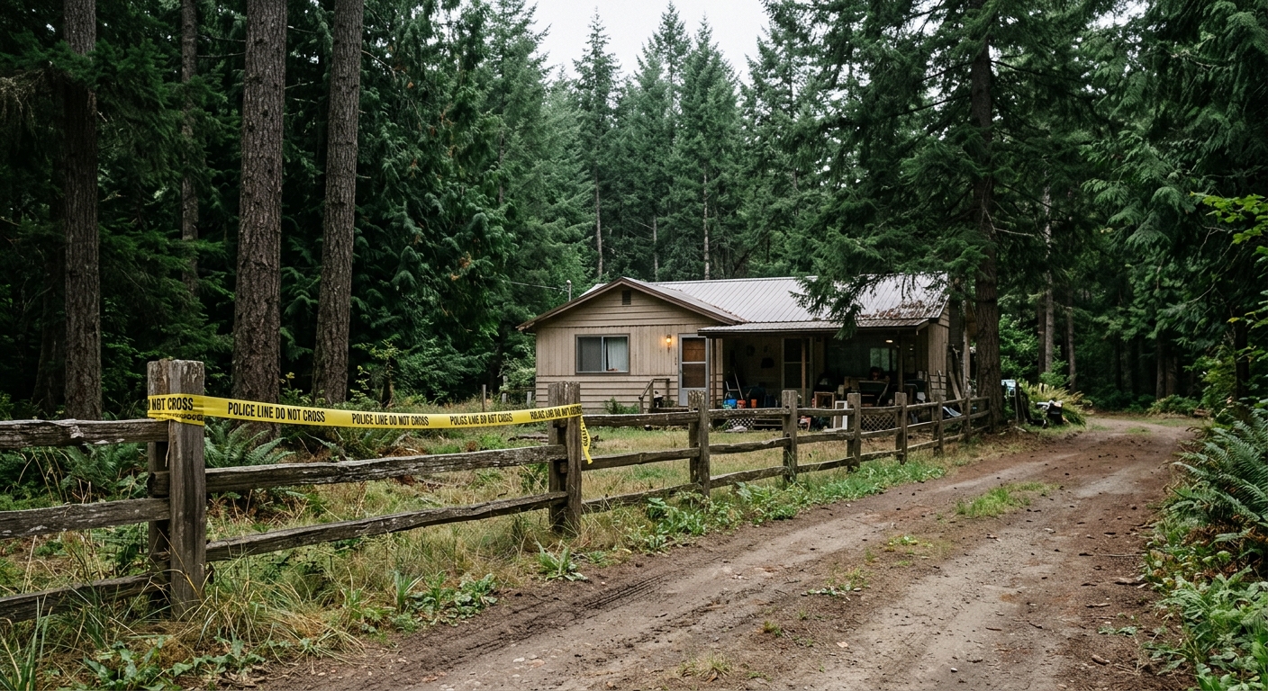yellow police tape stretched across a wooden fence in front of a modest rural home surrounded by tall pine trees on a quiet dirt road, natural everyday lighting