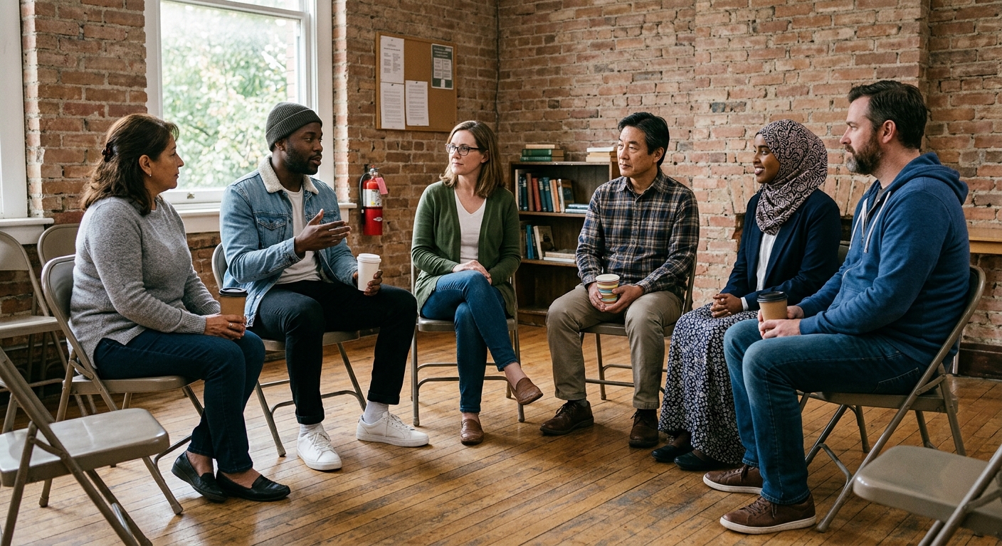 a small diverse group of everyday people sitting in a circle of folding chairs in a modest community center room with exposed brick walls, holding paper coffee