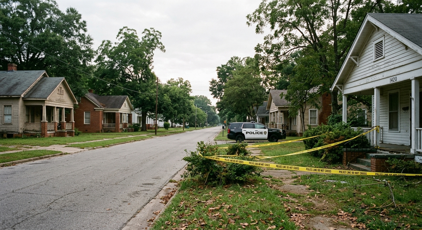 an empty residential street with older houses in the American South during early morning, police tape strung across a front yard, a generic police cruiser parke