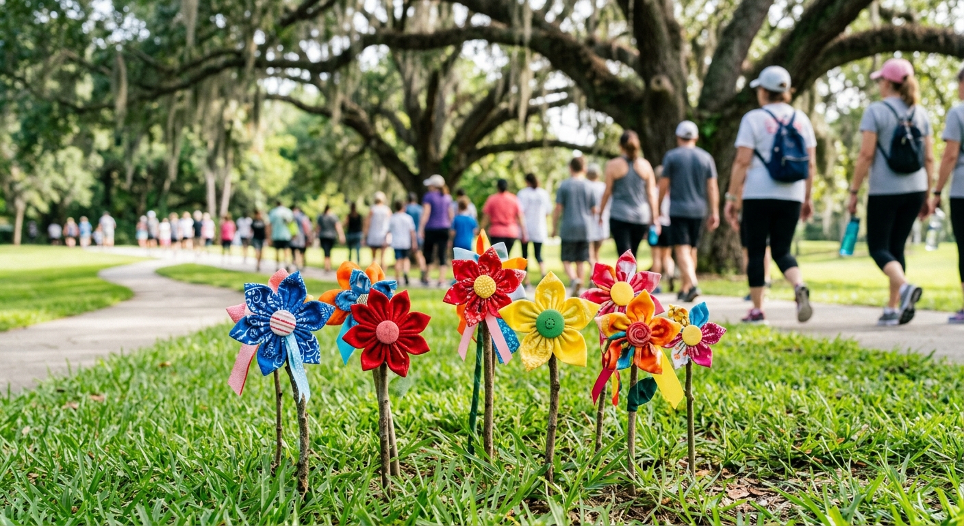a close-up of several colorful, symbolic fabric flowers planted in the green grass of a suburban park during a community health walk, with blurred figures of pe