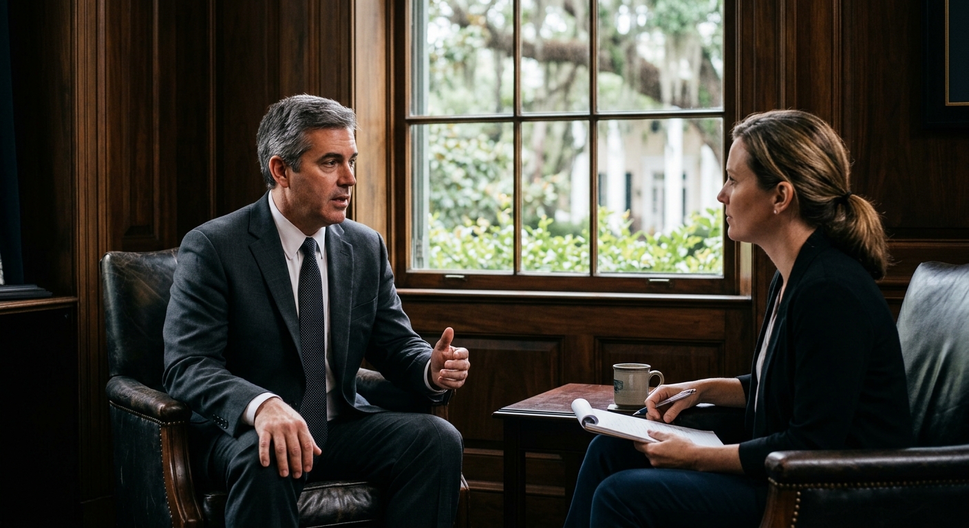 a local political candidate in a dark suit engaged in a serious sit-down interview with a journalist, seated in armchairs in a room with traditional wood paneli