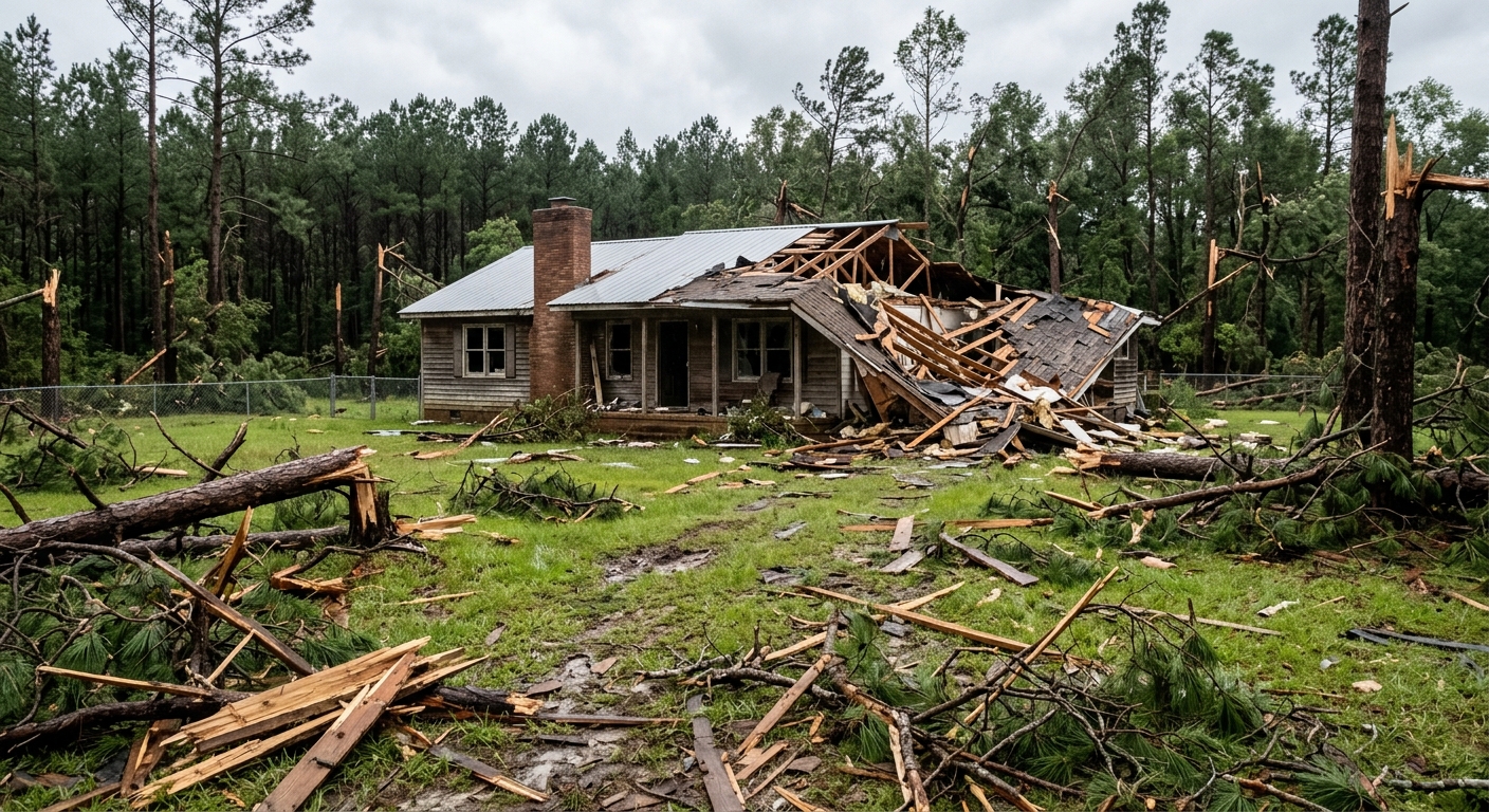a rural property with a partially collapsed roof on a residential home and snapped pine trees scattered across the grass, representing storm aftermath in a sout