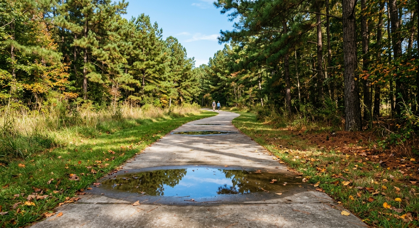 a sunlit walking path in a Southern US park with a few shallow rain puddles on the concrete reflecting a clear blue sky, surrounded by tall pine trees and green