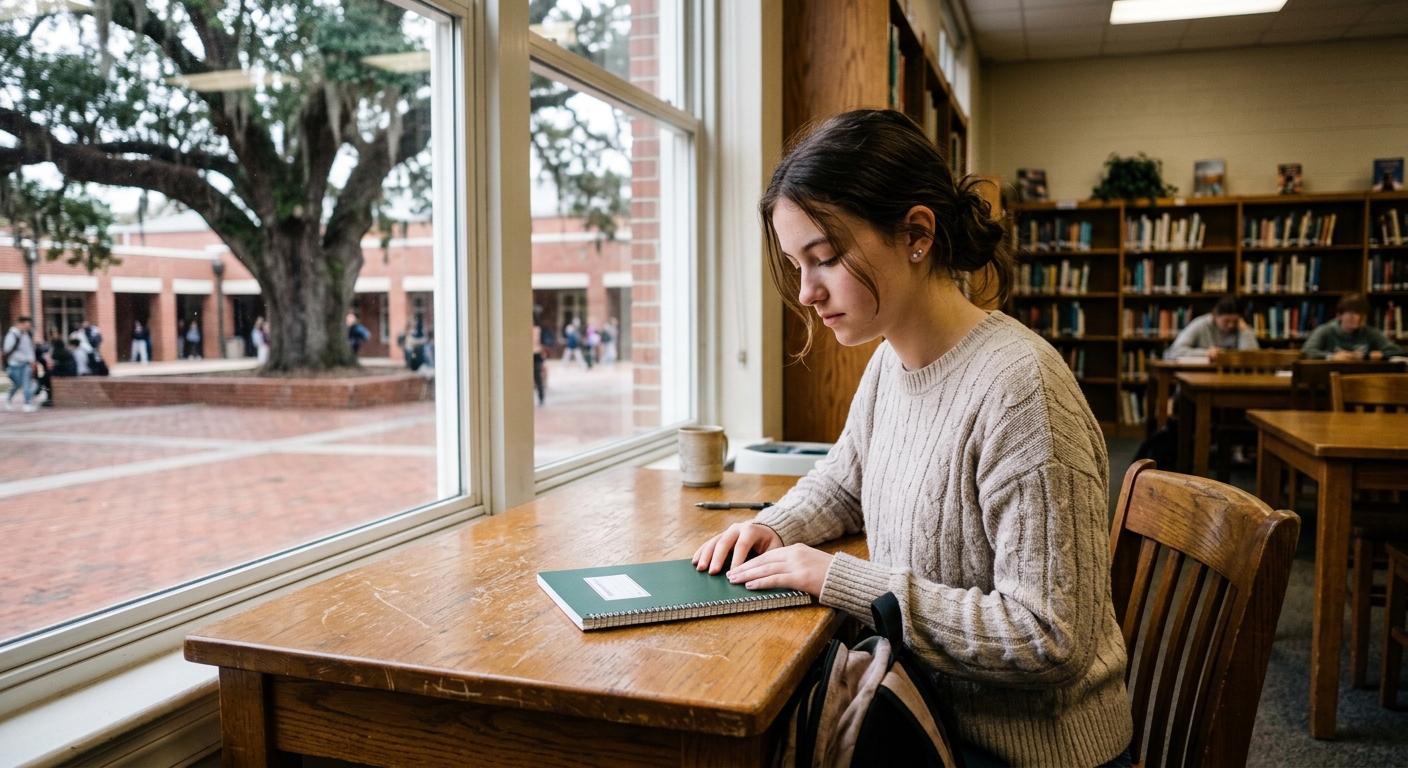 a teenage girl wearing a casual sweater sitting at a wooden desk in a high school library, looking down thoughtfully at a closed notebook, with a brick courtyar