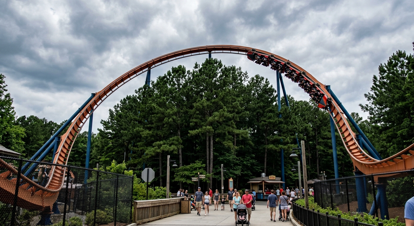 a towering steel rollercoaster track curving above a canopy of tall southern pine trees, with a generic theme park walkway and safety fencing visible below unde
