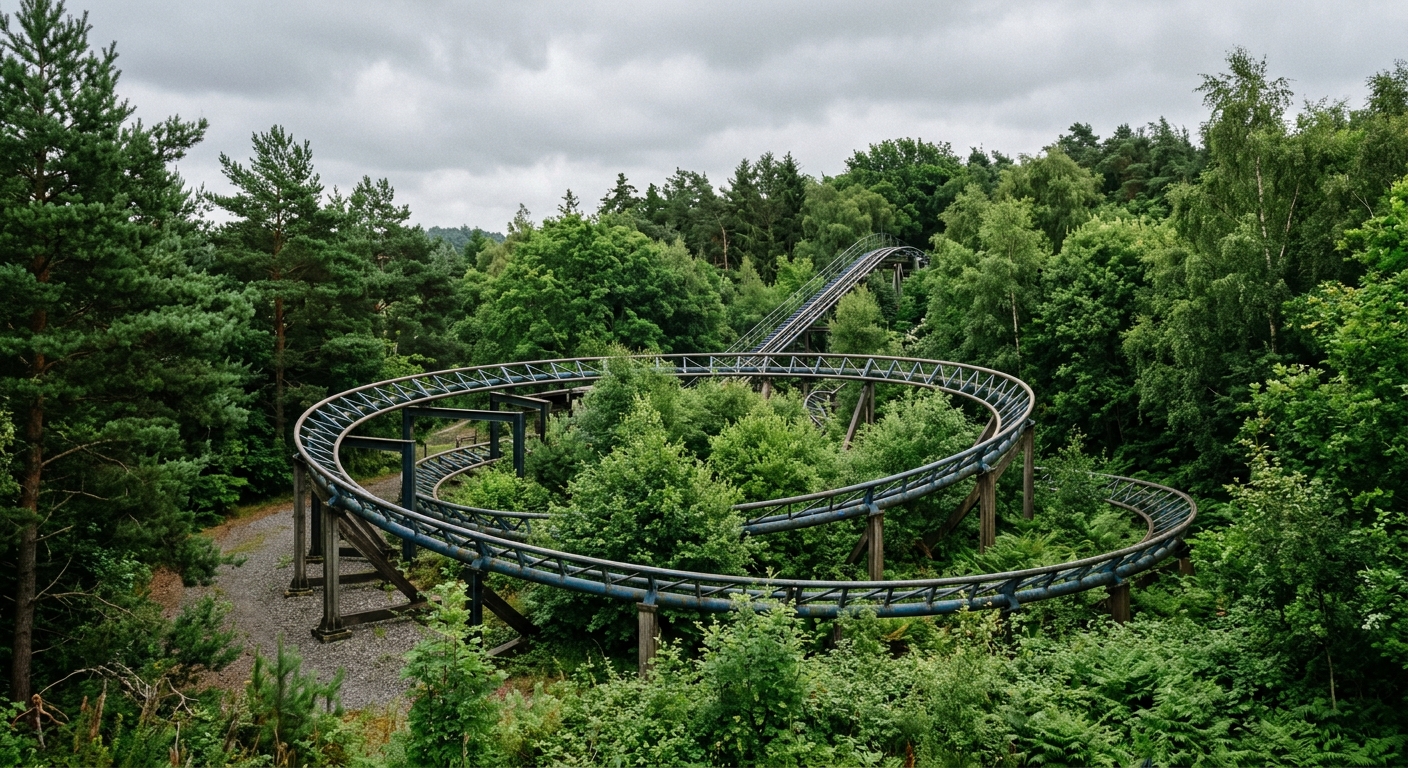 an empty, stationary roller coaster track curving through dense green pine trees and humid summer foliage under overcast skies, natural everyday lighting, shot