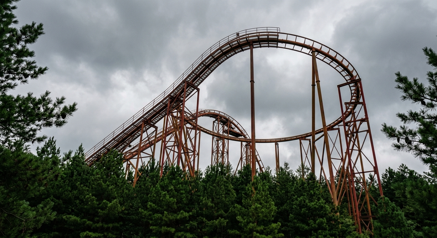an empty steel roller coaster track curving high above a line of green pine trees, viewed from the ground looking up, set against a muted overcast sky, natural