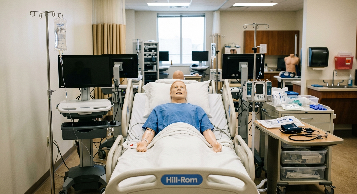 a medical training mannequin lying in a hospital bed inside a university clinical simulation lab, surrounded by IV poles, blank medical monitors, and nursing ed