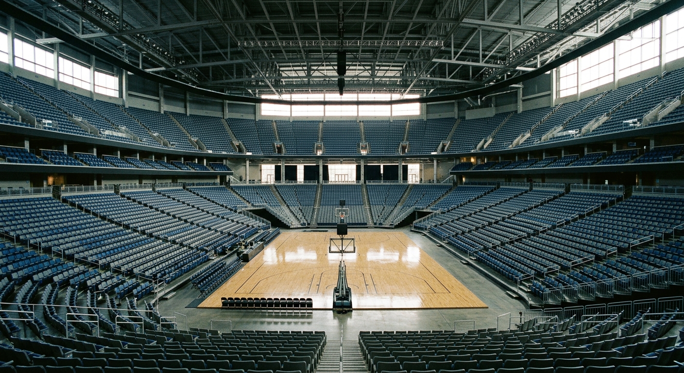 a spacious, modern indoor basketball arena featuring thousands of empty spectator seats in a tiered layout around a polished hardwood court, capturing the massi