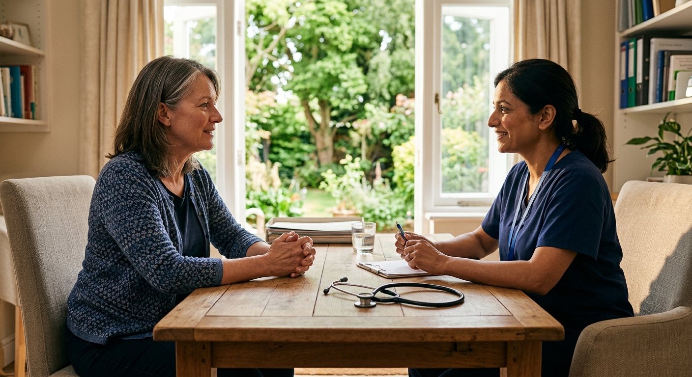 a middle-aged woman sitting across from a female medical professional in a warm, bright consultation room, a simple wooden desk with a stethoscope resting on it