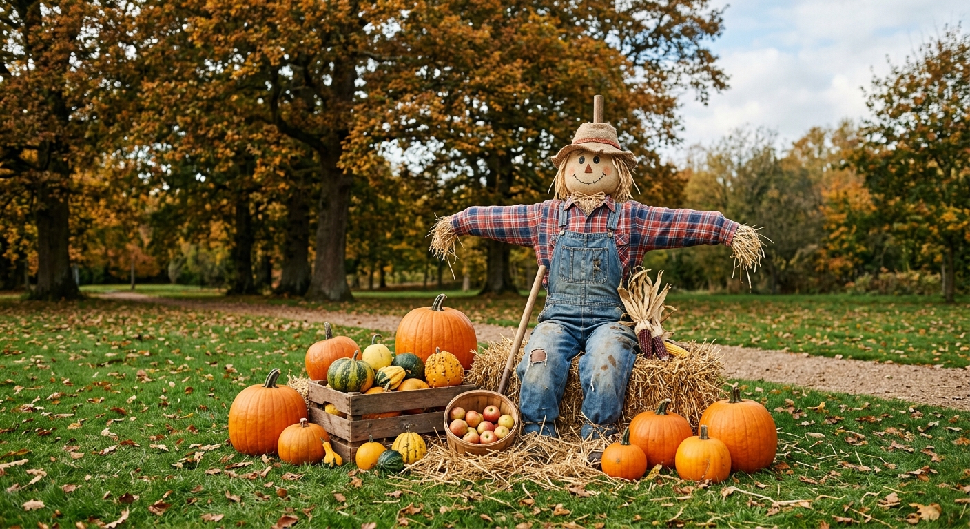 a cheerful outdoor autumn display in a grassy park featuring a handmade scarecrow wearing a faded plaid shirt alongside several orange pumpkins under large oak