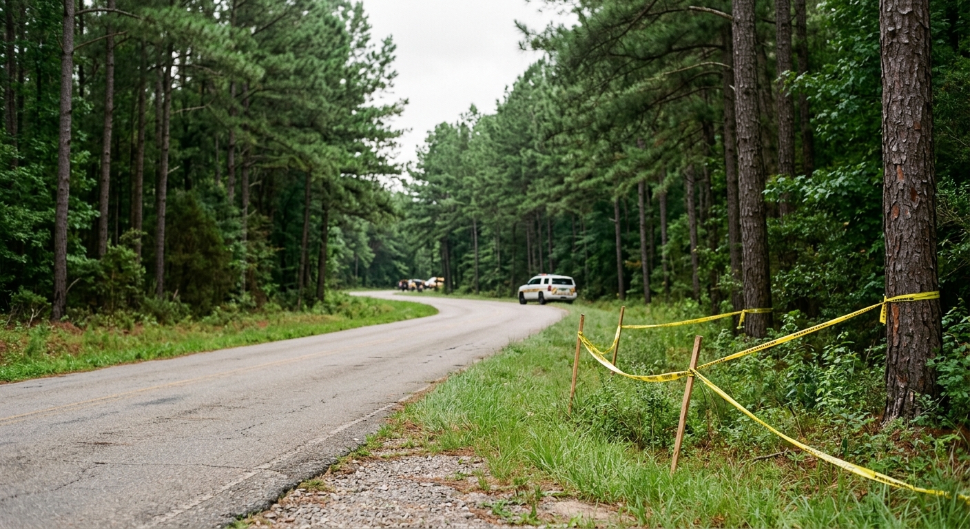 a rural two-lane country road bordered by tall pine trees in the American South, with yellow caution tape strung across the grassy shoulder and the blurred shap