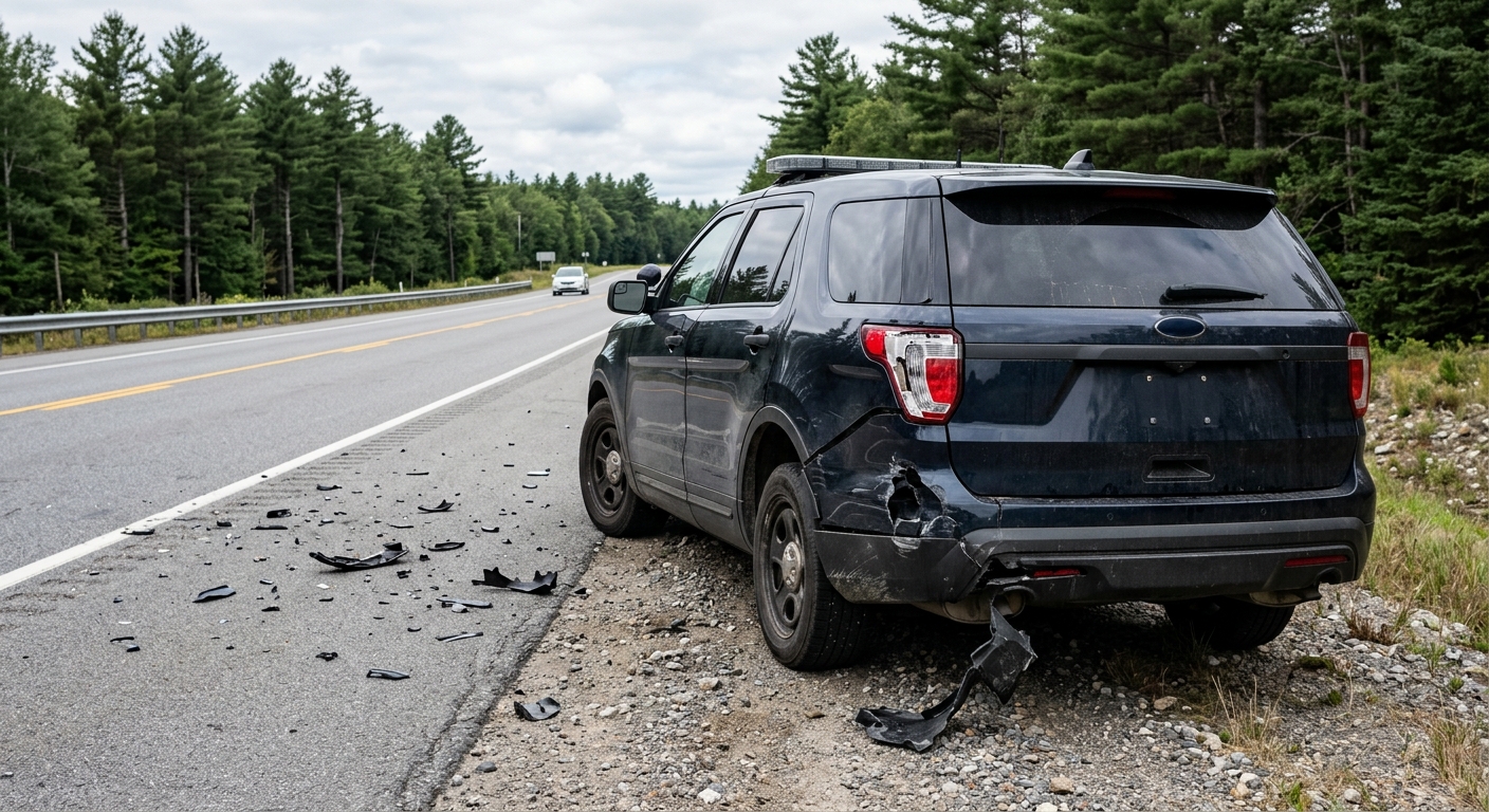 the damaged rear bumper of a generic dark patrol SUV parked on the gravel shoulder of an asphalt highway, scattered plastic automotive debris on the roadway, ta