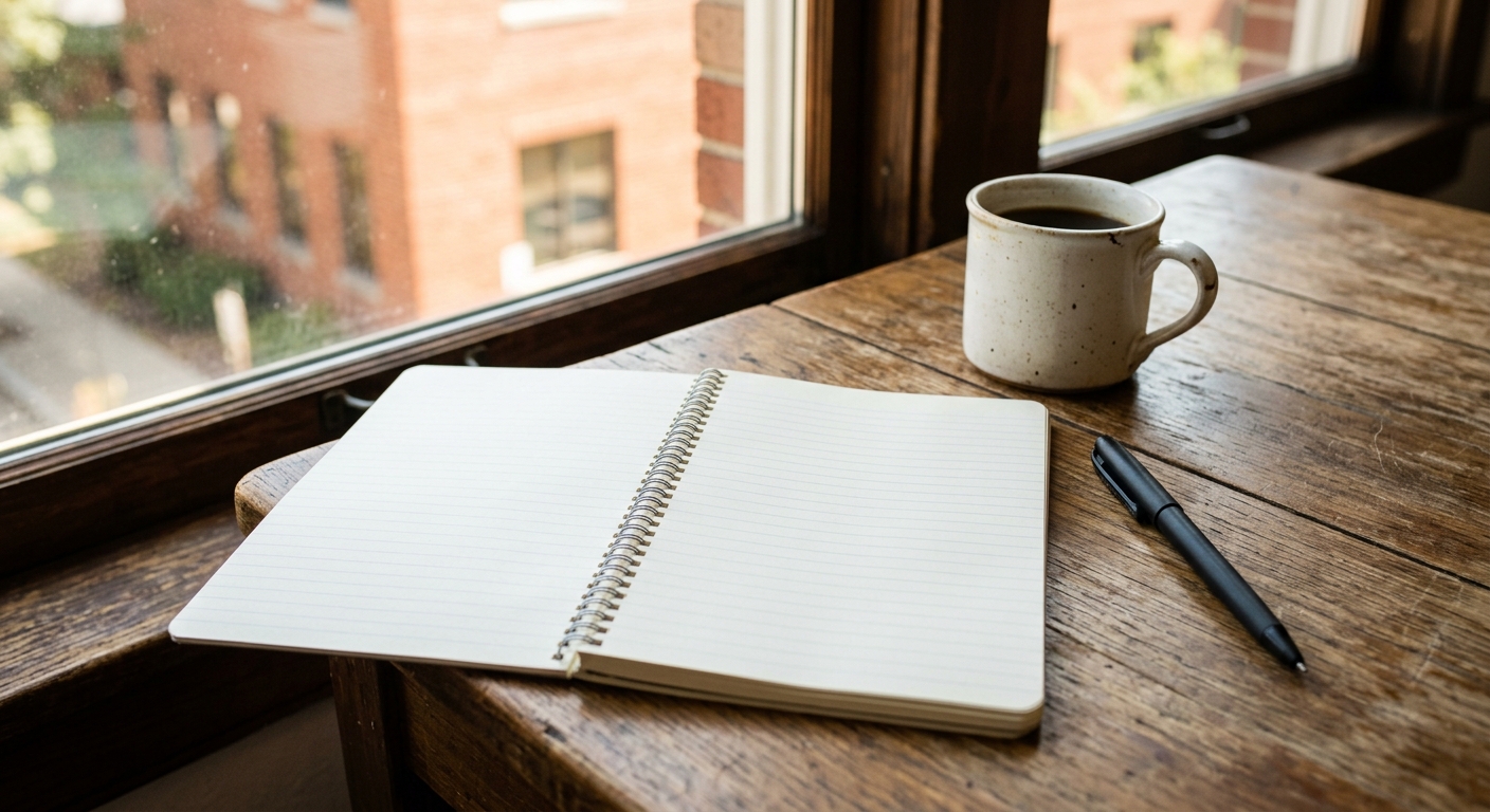 an open blank reporter's notepad, a black pen, and a ceramic coffee mug sitting on a wooden desk near a sunny window with a blurred brick office building in the