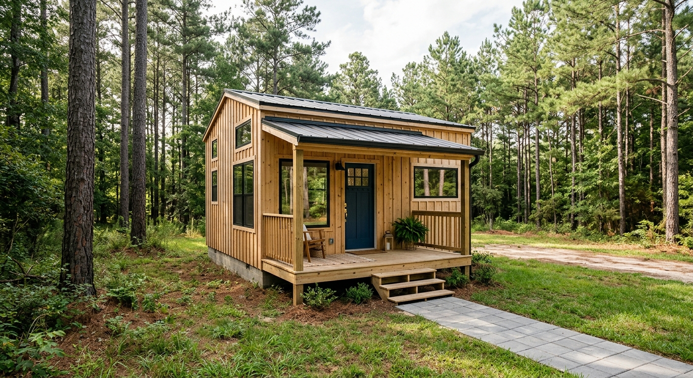 a newly constructed tiny home with a small front porch and light wood siding, situated on a grassy lot surrounded by tall pine trees typical of the southern Uni