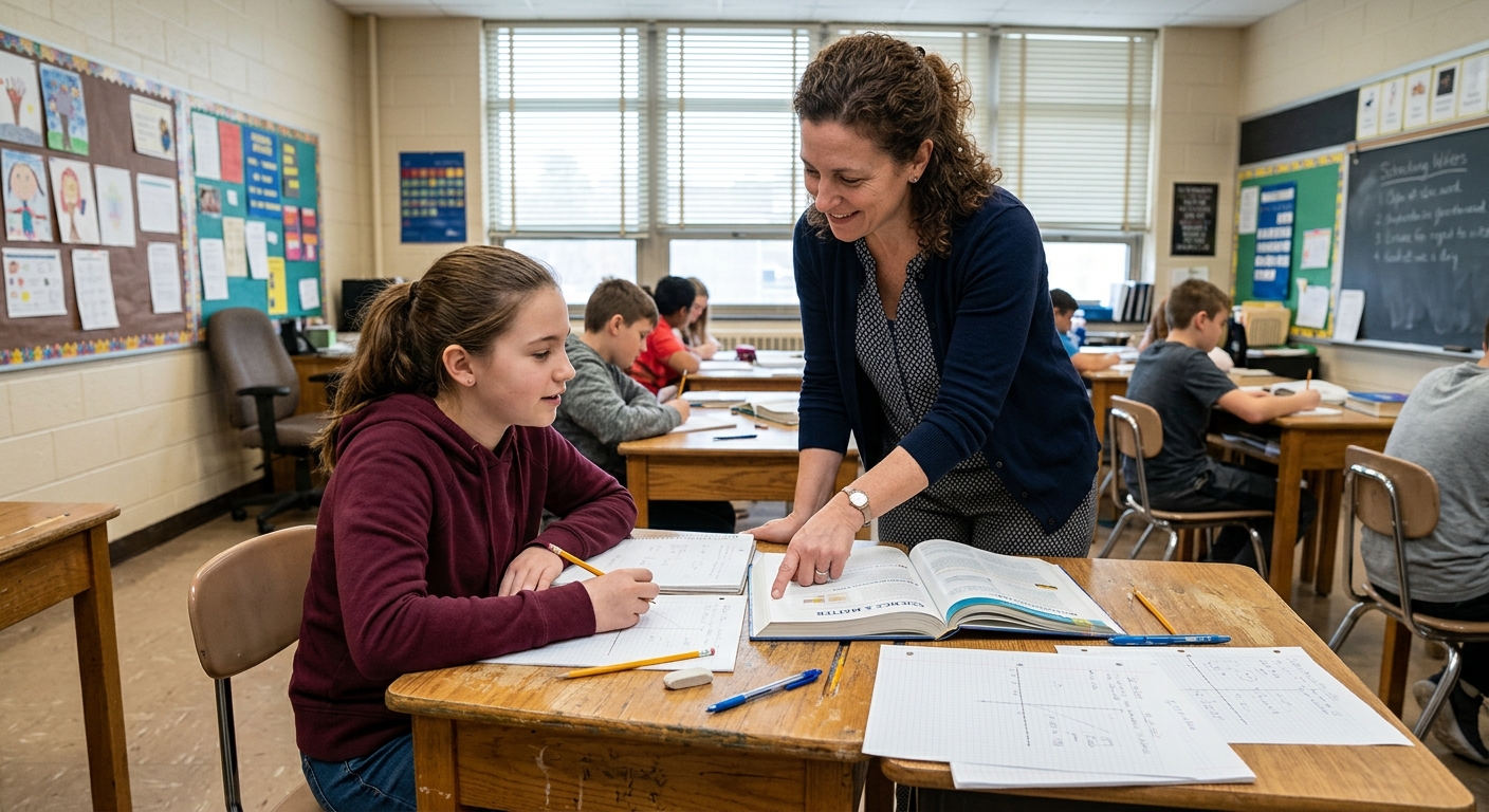 a middle school teacher standing at a wooden desk, helping a student with open textbooks, pencils, and graphing paper, without any laptops or screens on the des