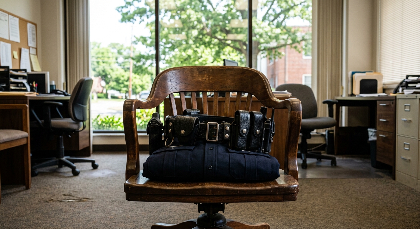 a folded dark blue police uniform and a leather duty belt resting on a wooden office chair inside a municipal administrative office, a window in the background