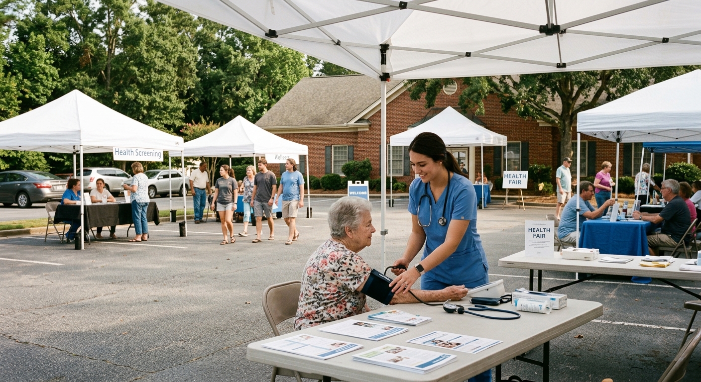 a local community health fair set up in a suburban parking lot outside a red brick commercial building