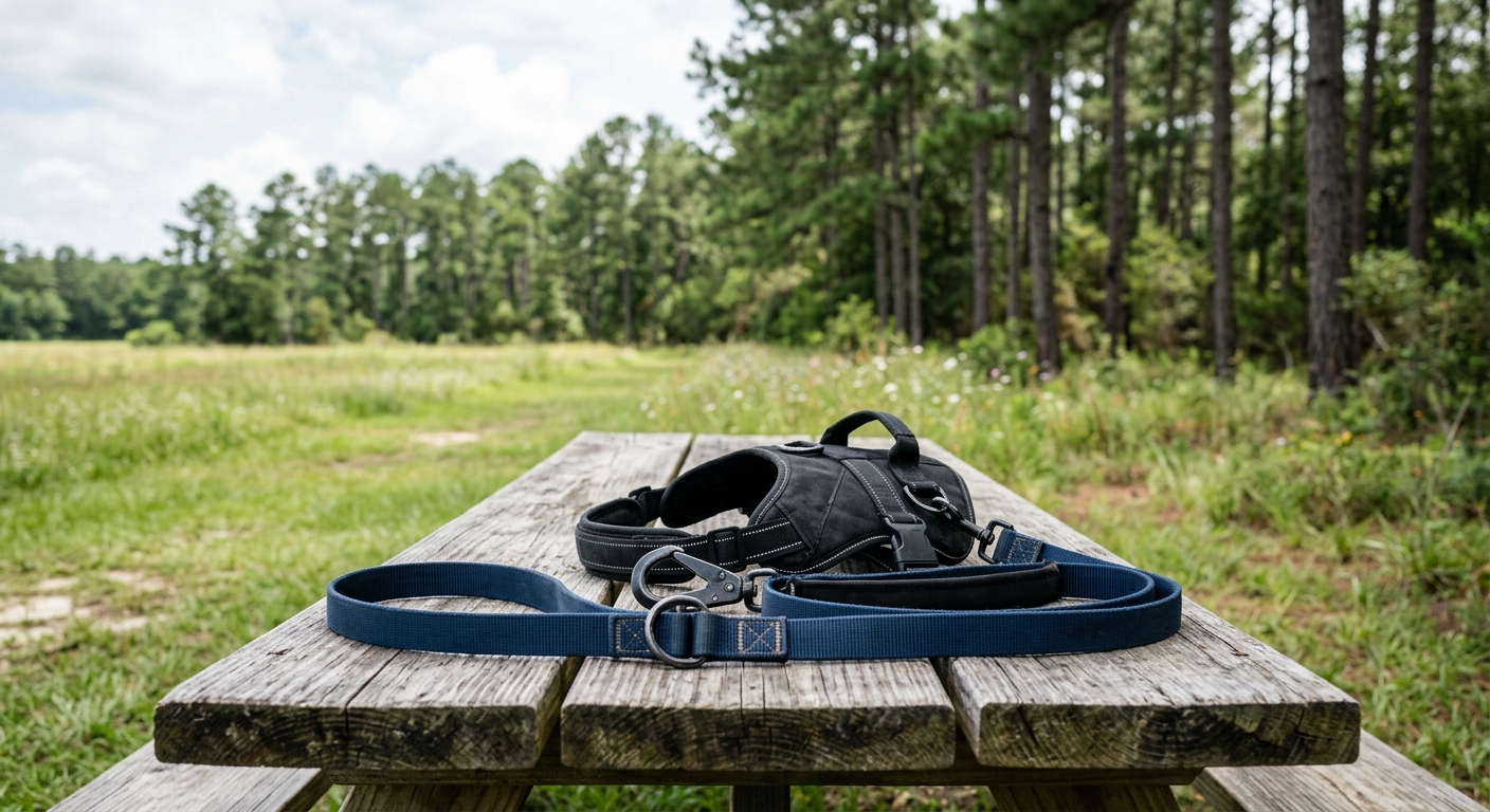 a heavy nylon dog training leash and an empty canine harness resting on a wooden picnic table near a grassy field, with tall southern pine trees in the backgrou