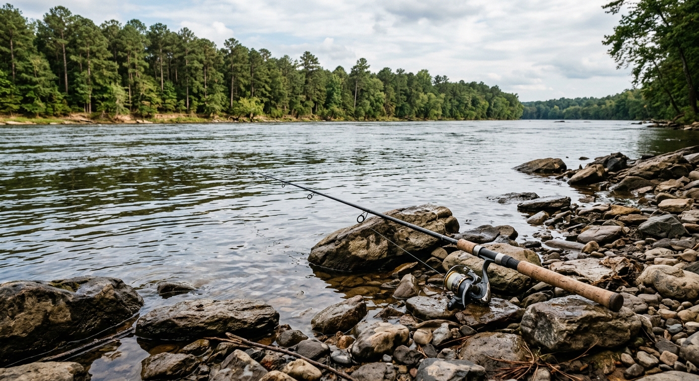 a rocky riverbank along a wide river lined with southern pine trees, featuring a single fishing rod resting on the wet stones near the shallow water's edge, nat