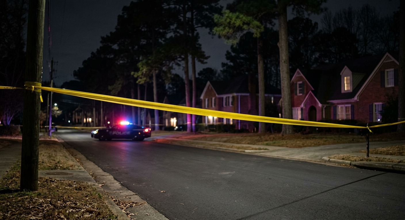 yellow crime scene tape stretched across a quiet residential street at night, softly illuminated by the out-of-focus red and blue lights of a police cruiser, wi