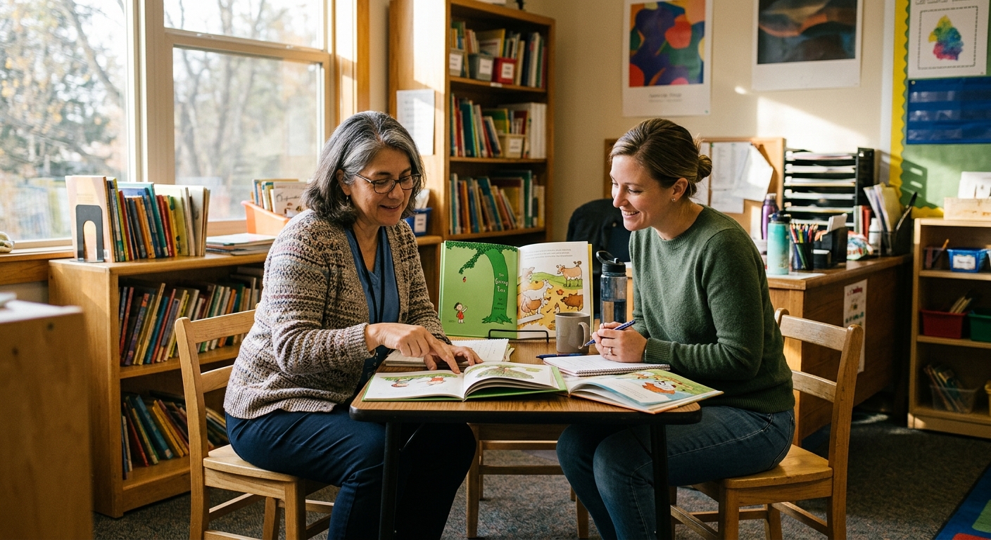 two adult educators sitting together at a small table in an elementary school classroom, looking at open illustrated picture books and collaborating, typical Am