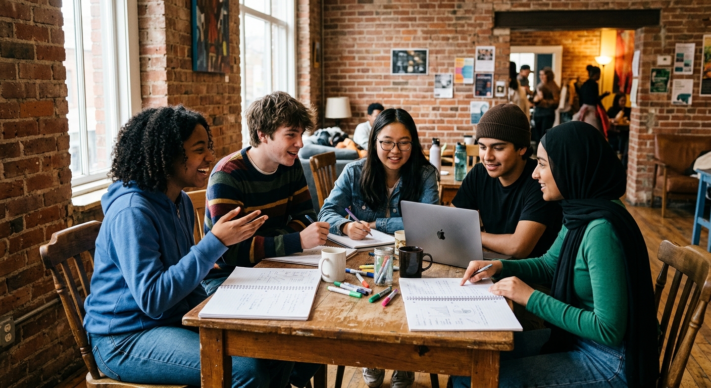 a group of diverse teenagers collaborating around a wooden table in a community center room with exposed brick walls, looking at open notebooks and a laptop whi