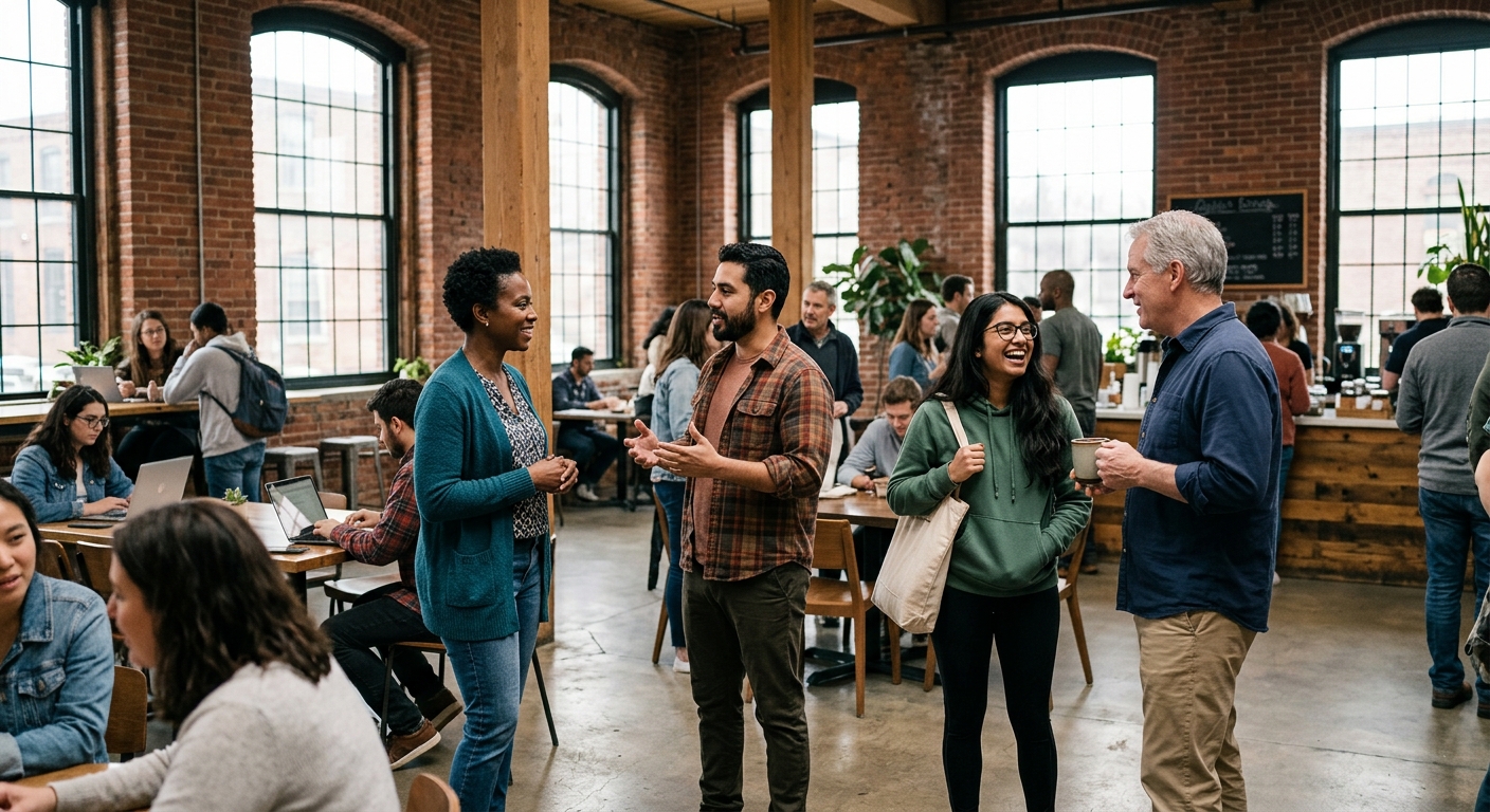 a diverse group of locals, business owners, and students conversing and networking casually inside a spacious, repurposed historic brick mill building with larg