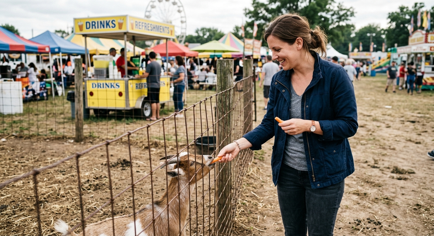 a casual fairgoer feeding a carrot to a small goat through a wire fence at an outdoor petting zoo, dirt ground, blurred fairground tents and a yellow beverage c