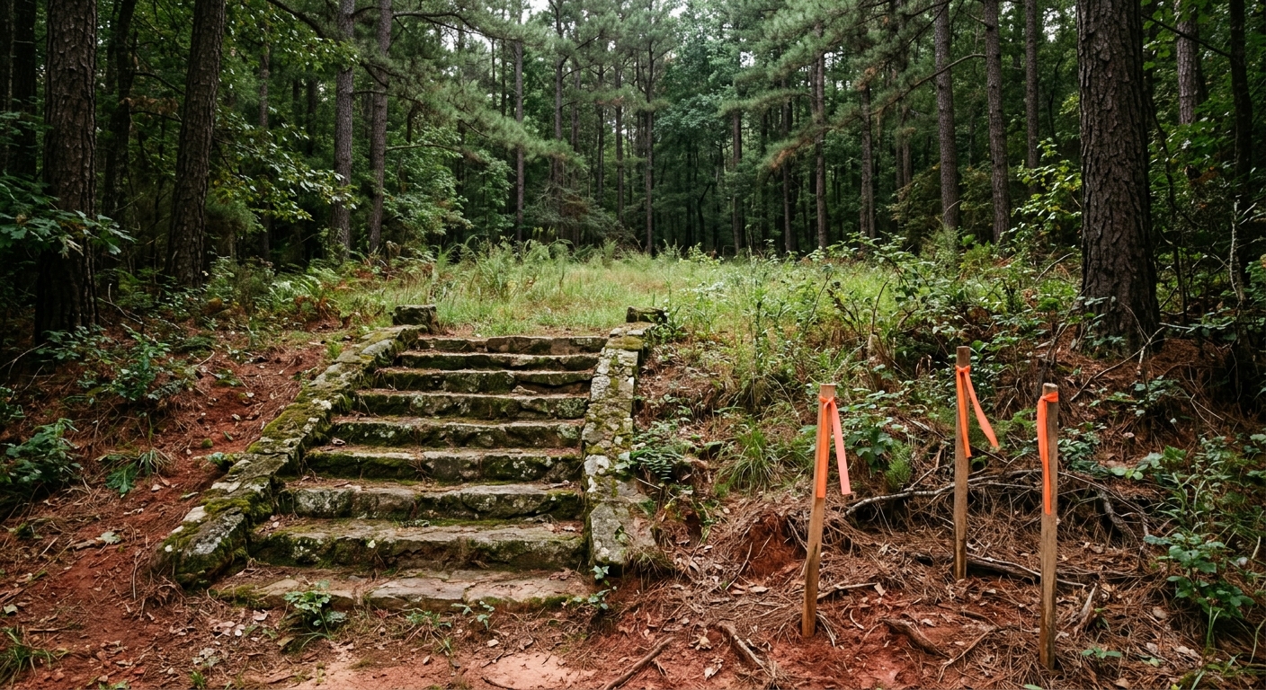weathered, moss-covered stone steps leading into an empty grassy clearing in a dense Southern pine forest, with a few wooden surveyor stakes tied with orange ri