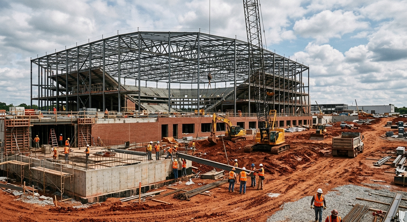 an active construction site for a large arena, featuring exposed steel framework, partial brick walls, and heavy machinery parked on red clay soil, with constru