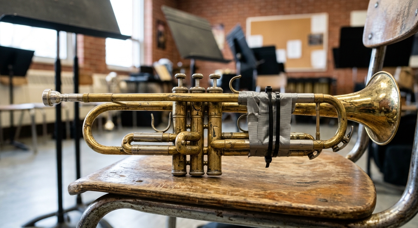 a close-up of a heavily damaged brass trumpet temporarily held together by gray duct tape and plastic zip ties, resting on a scuffed chair in an American high s