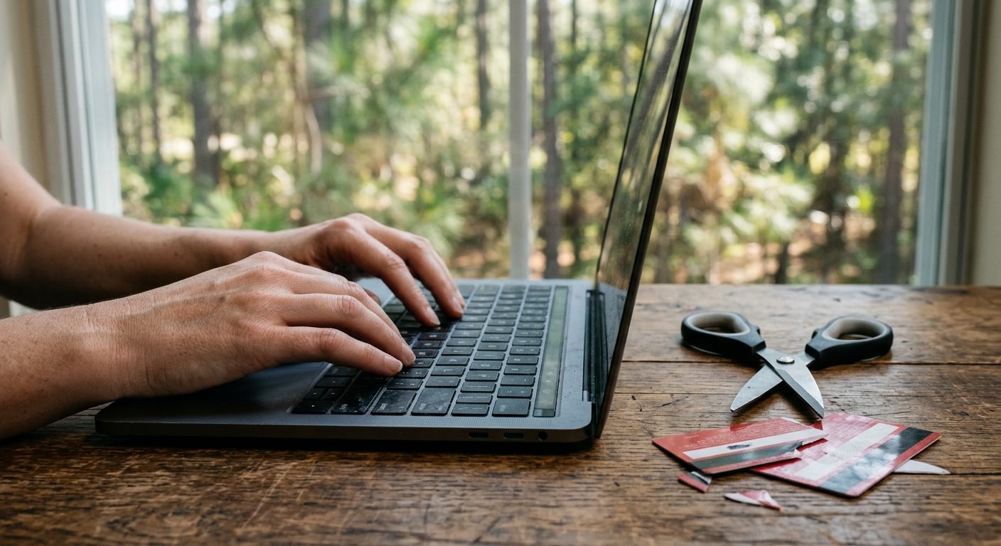 a close-up of a person's hands typing on a dark laptop keyboard next to a pair of scissors and a cut-up blank plastic credit card on a wooden table, with a blur