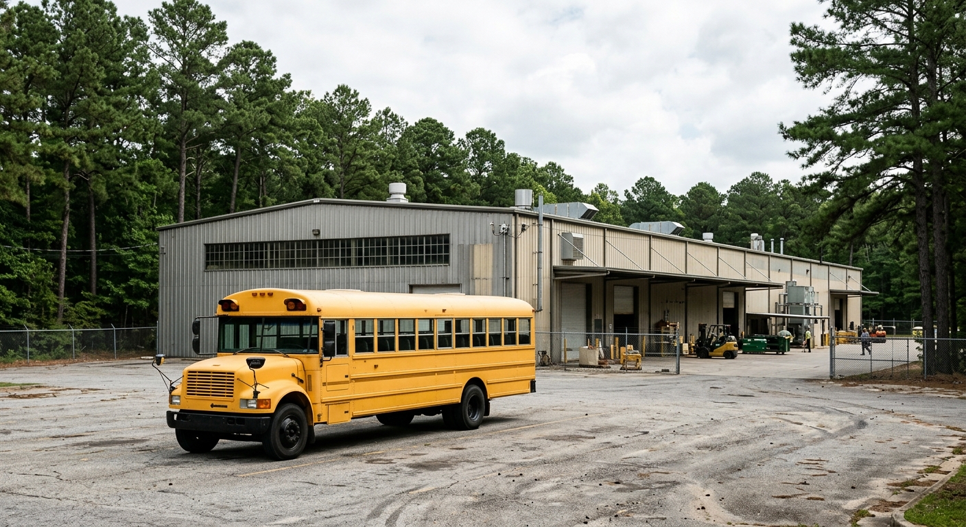 a classic yellow school bus parked on an asphalt lot outside a large industrial manufacturing warehouse with corrugated metal siding, surrounded by tall souther