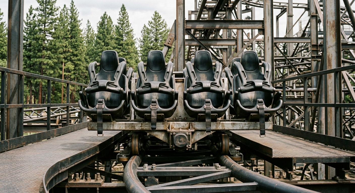 empty roller coaster seats sitting idle on a metal track, featuring bulky mechanical lap restraints and thick safety belts, surrounded by heavy steel amusement