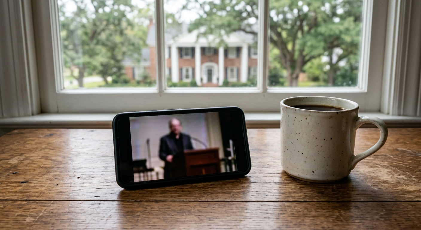 a smartphone lying flat on a wooden desk next to a ceramic coffee mug, the screen displaying a blurred and distorted video of an unidentifiable speaker at a pod